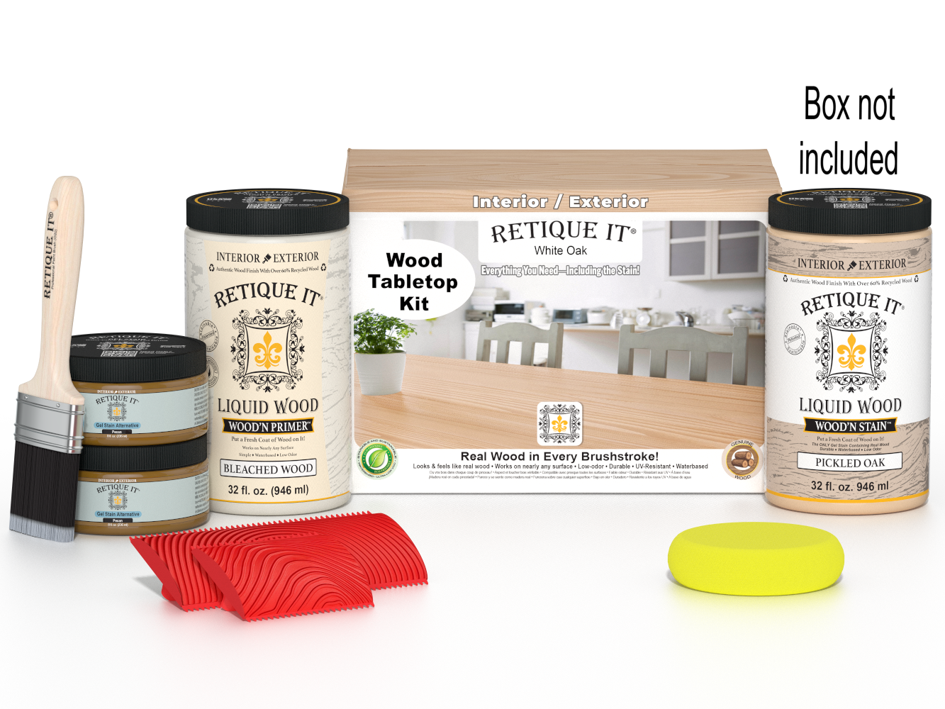 Retique It® Wood'n Finish Kit with four large white oak stains, ideal for tabletop projects, shown with open box and stain bottles.