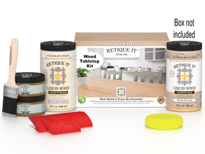 Retique It® Wood'n Finish Kit with four large white oak stains, ideal for tabletop projects, shown with open box and stain bottles.