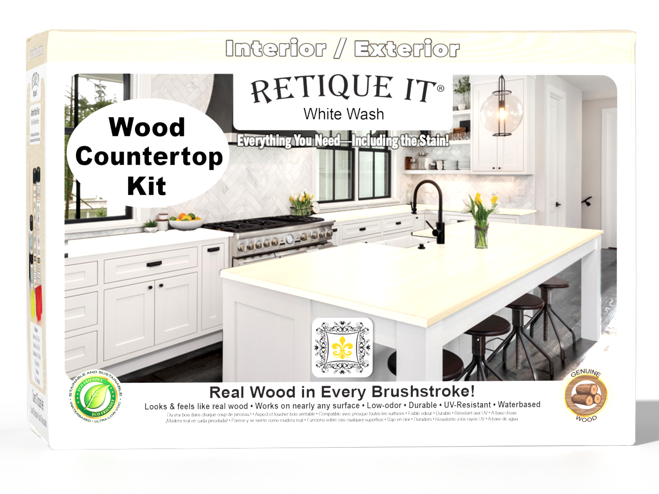 Retique It® White Wash Wood countertop kit packaging with kitchen image on a white background