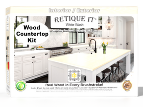 Retique It® White Wash Wood countertop kit packaging with kitchen image on a white background