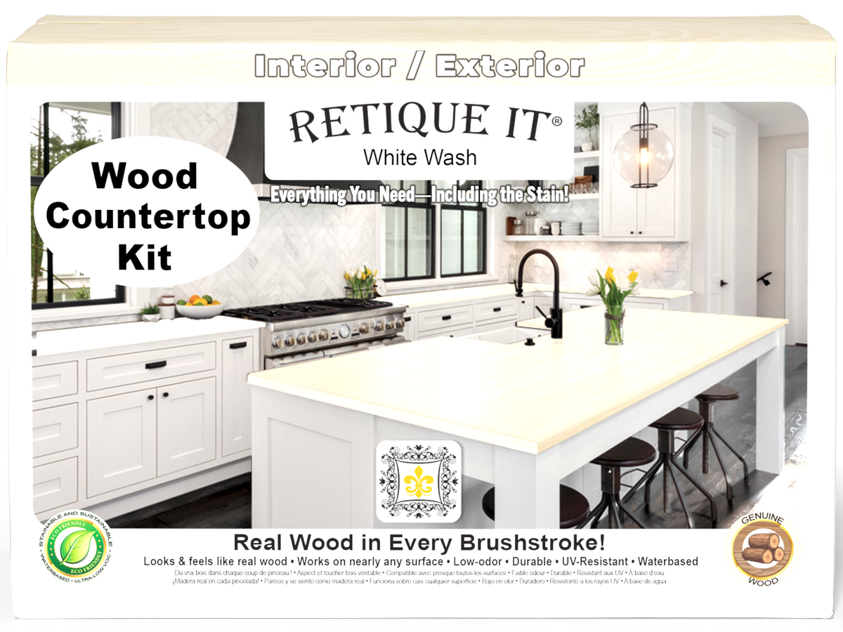 Retique It® White Wash countertop kit for full kitchen with stain details, showing the front view of the finished whitewashed surface.