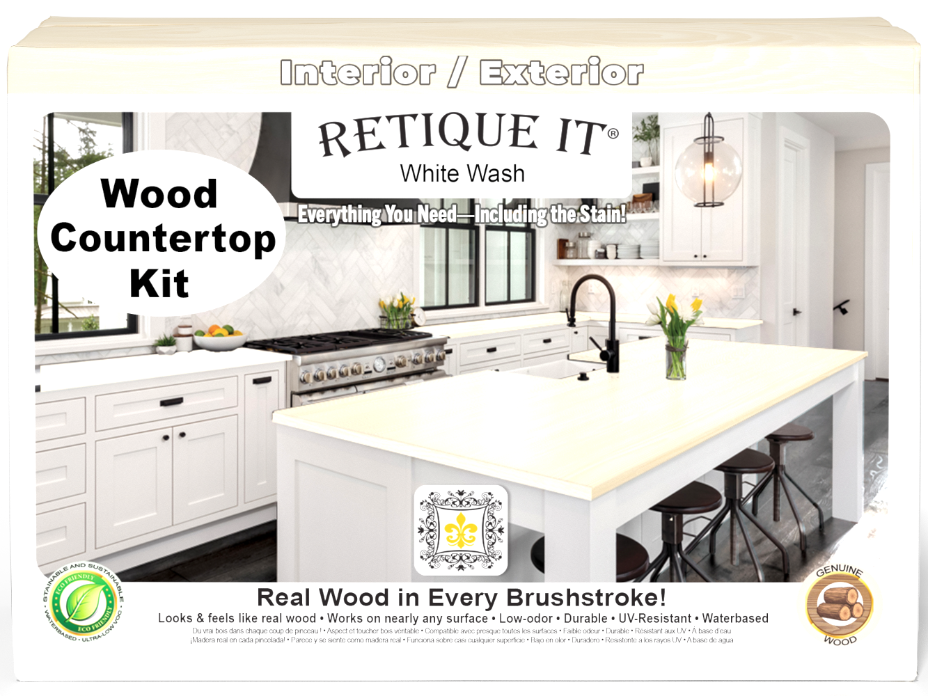 Retique It® White Wash wood countertop kit packaging with a kitchen scene on the background