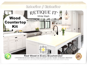 Retique It® White Wash wood countertop kit packaging with a kitchen scene on the background