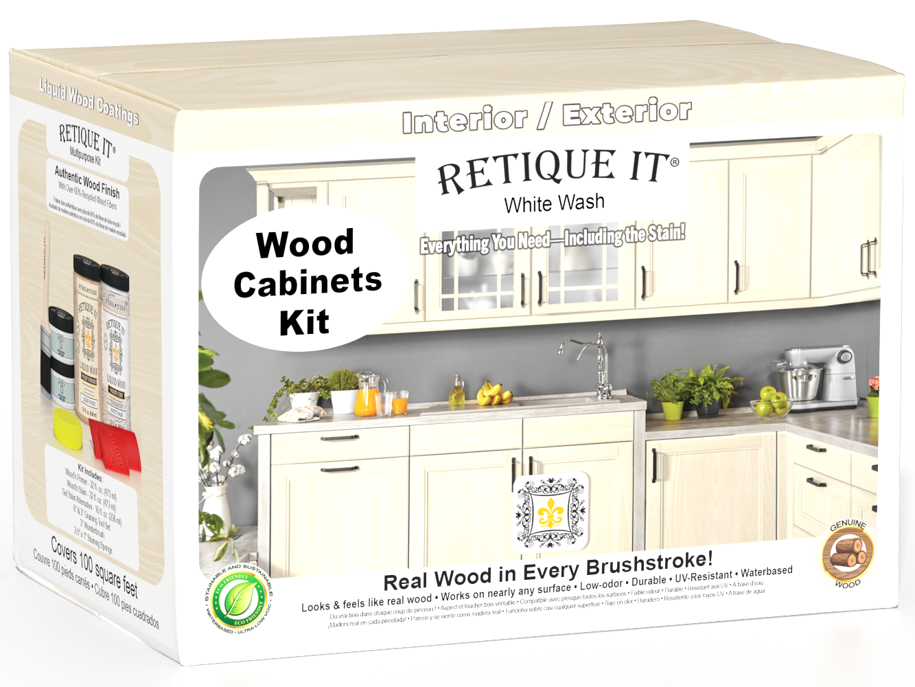 Retique It® Wood'n Cabinet Kit with 12 white wash grained stain doors, showcasing natural wood grain and cabinet design.