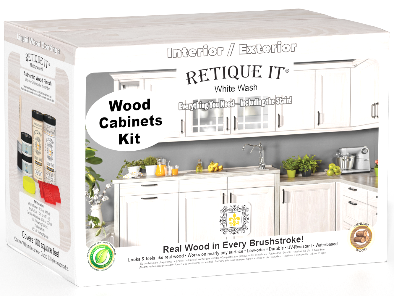 Retique It® Wood'n Cabinet Kit with 12 white wash stained grained cabinet doors, showcasing natural wood texture and finish.
