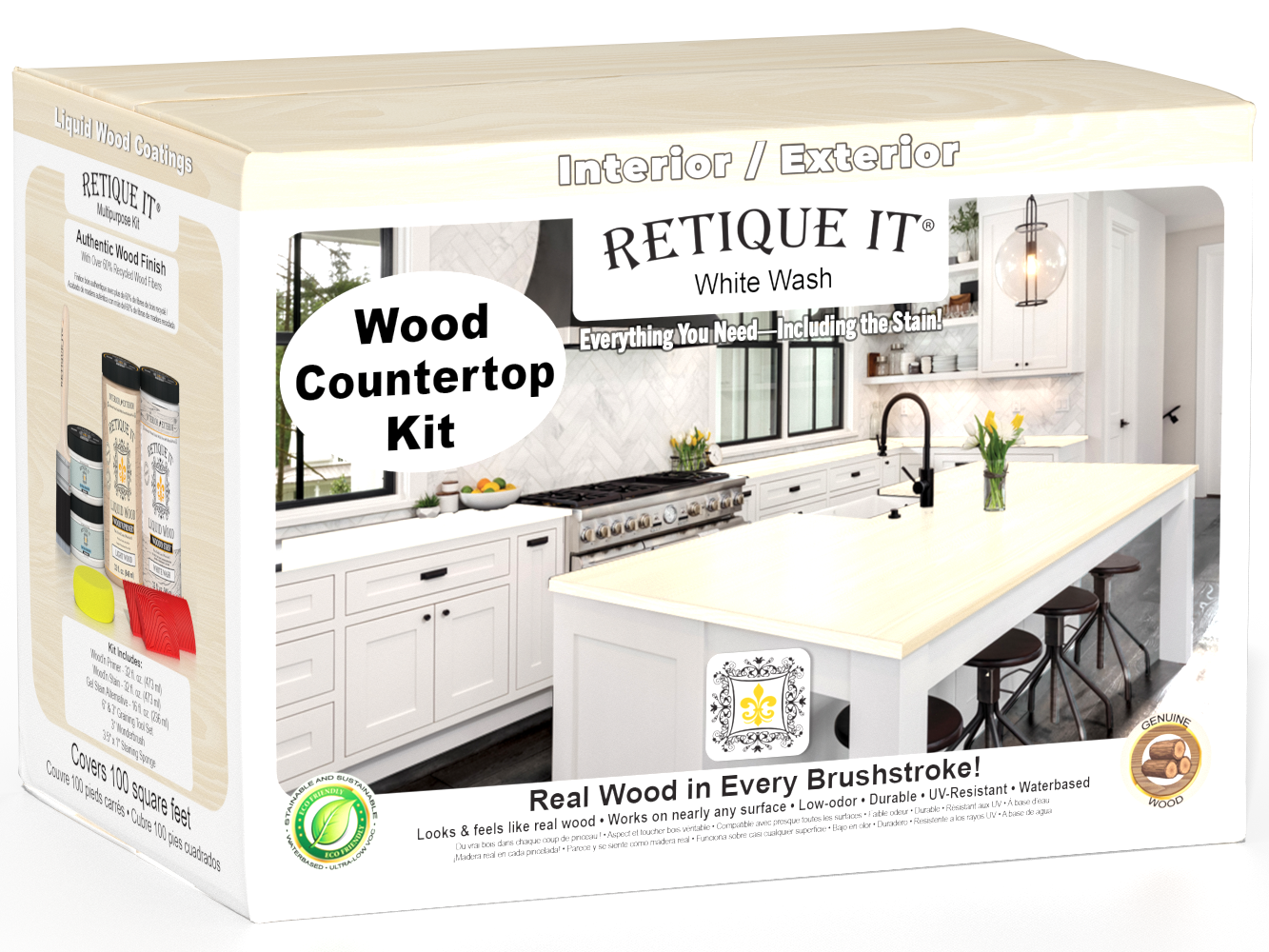 Retique It® White Wash wood countertop kit packaging with a kitchen image on a white background