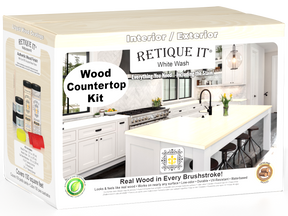 Retique It® White Wash wood countertop kit packaging with a kitchen image on a white background