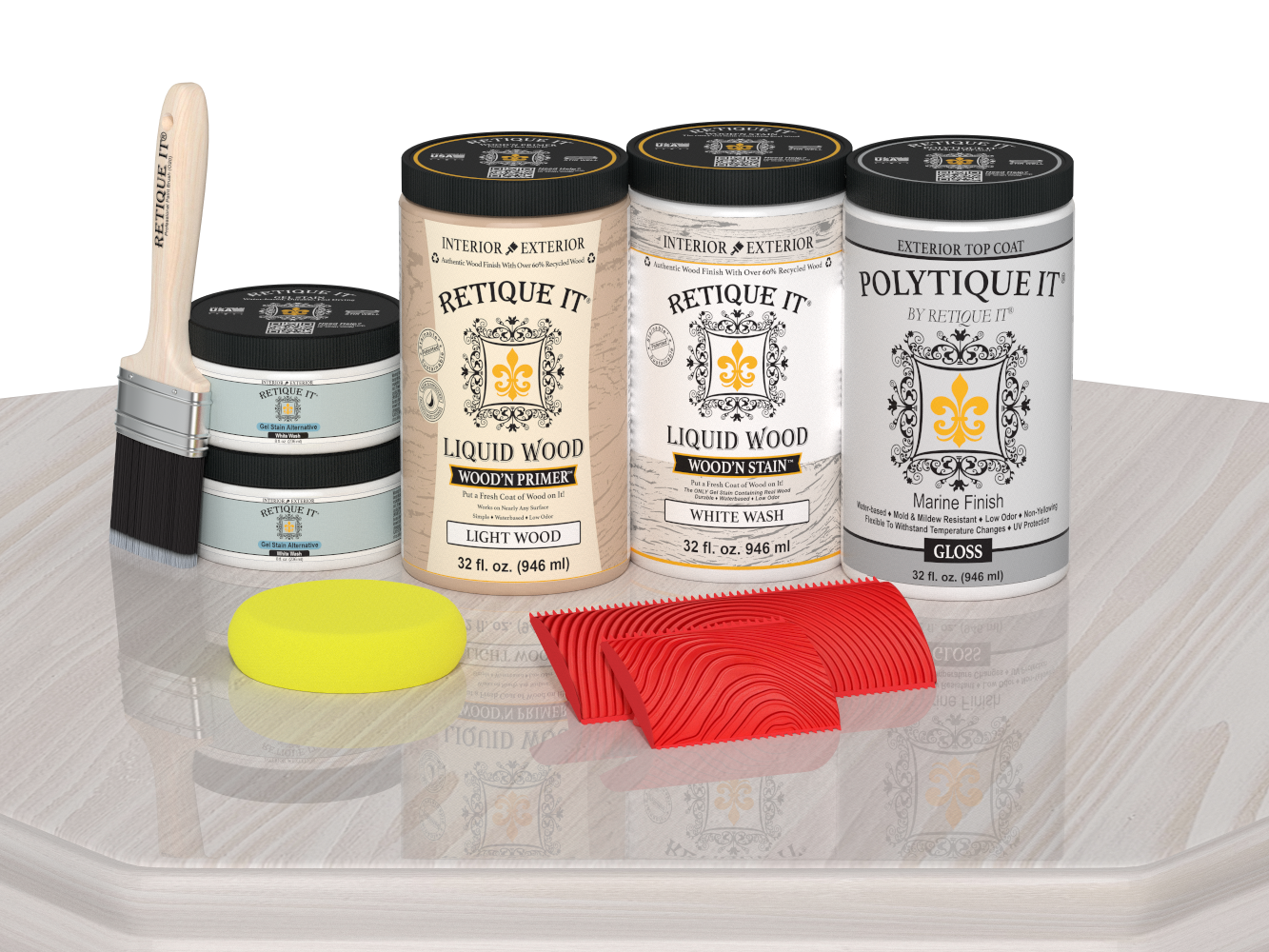 Retique It® Wood'n Finish Double Front Door Kit in White Wash stain, glossy finish, displayed on a table with wood grain details.