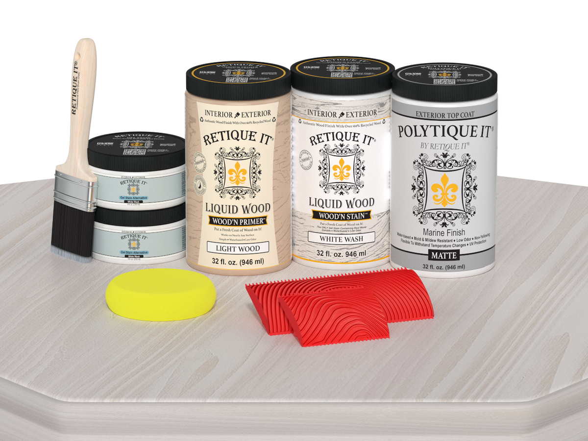 Retique It® Wood'n Finish Double Front Door Kit in White Wash stain, matte finish, displayed on a table.