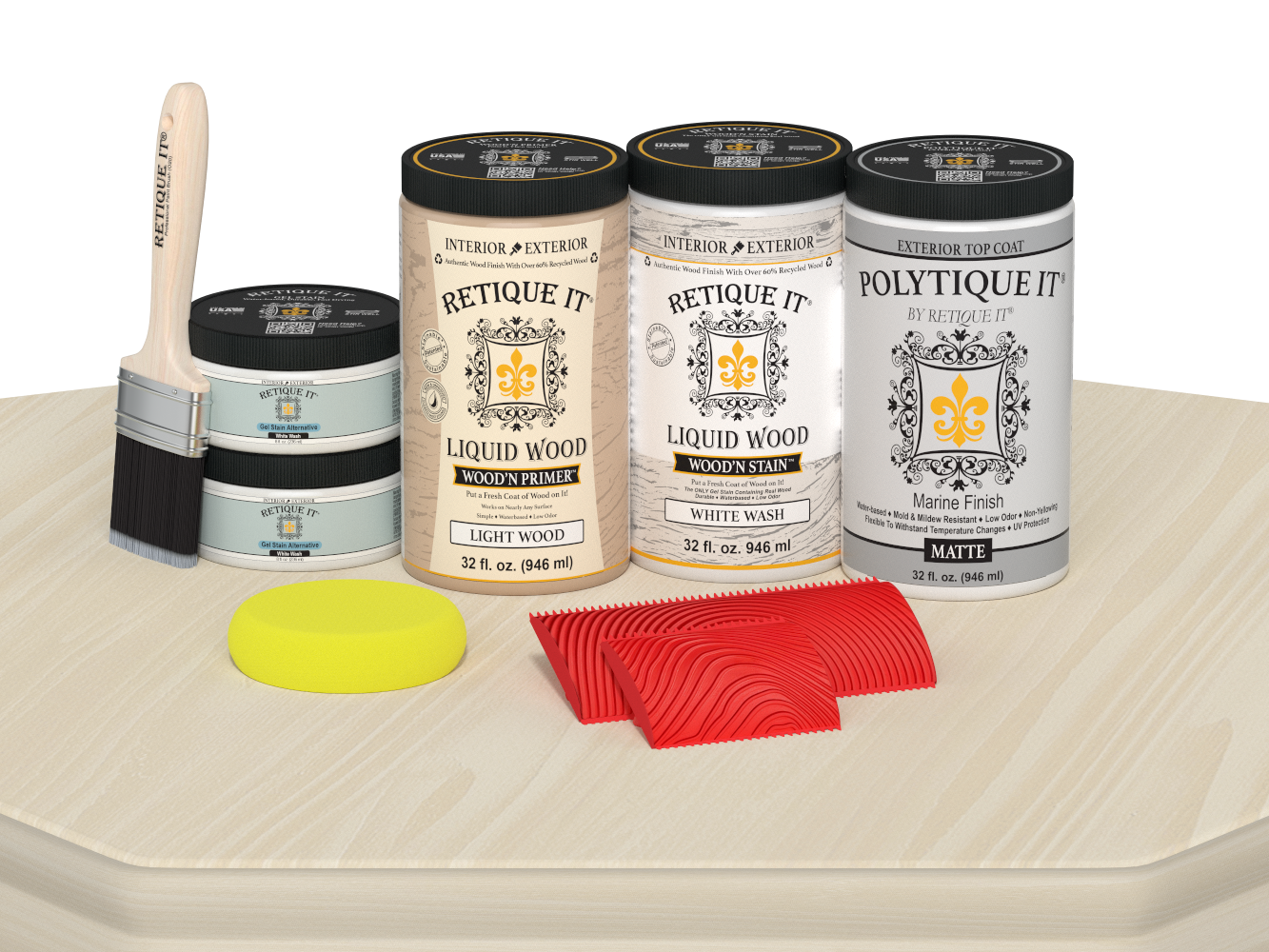 Large White Wash Wood'n Finish Kit by Retique It® for exterior wood surfaces, includes matte top coat in an easy-to-use kit.