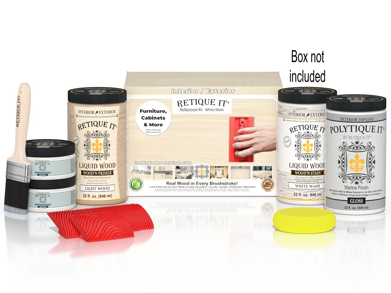 Large White Wash Wood'n Finish Kit by Retique It® for exterior top coating, includes tools and wood finish components.