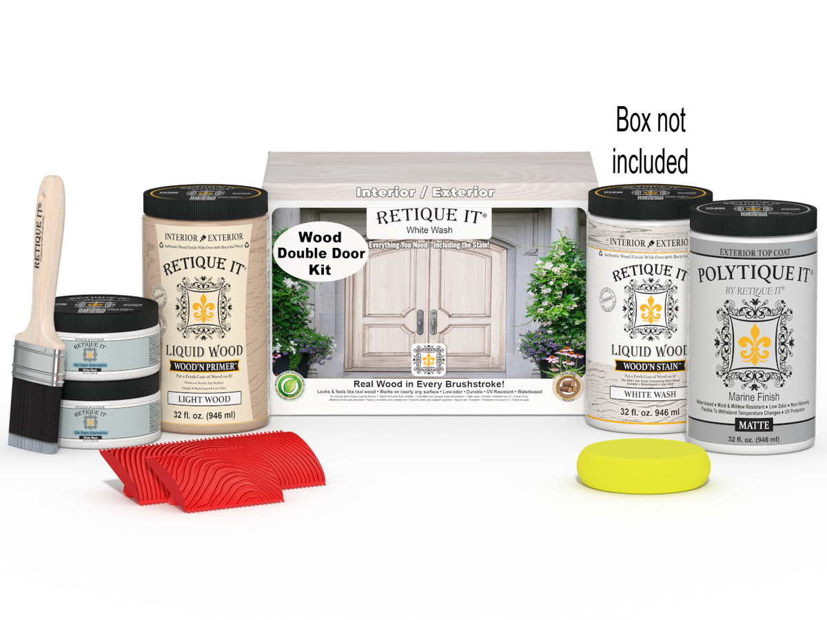 Retique It® Wood'n Finish front door kit in white wash stain, double door with natural wood grain and hardware details.