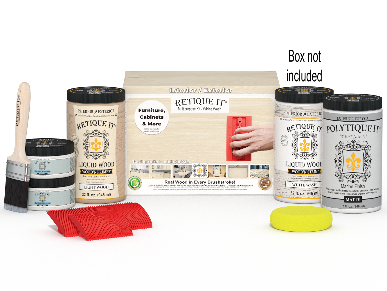 Large White Wash Wood'n Finish Kit by Retique It® for exterior wood projects, includes top coat and tools in a box.