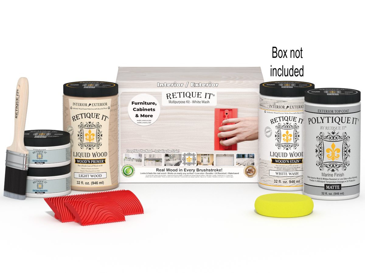 Large White Wash Wood’n Finish Kit by Retique It® with exterior top coat and applicator palette in a box.