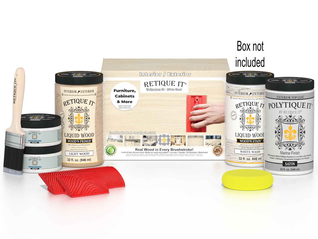 Large White Wash Wood'n Finish Kit by Retique It® with exterior top coat and brushes, suitable for wood furniture and projects.