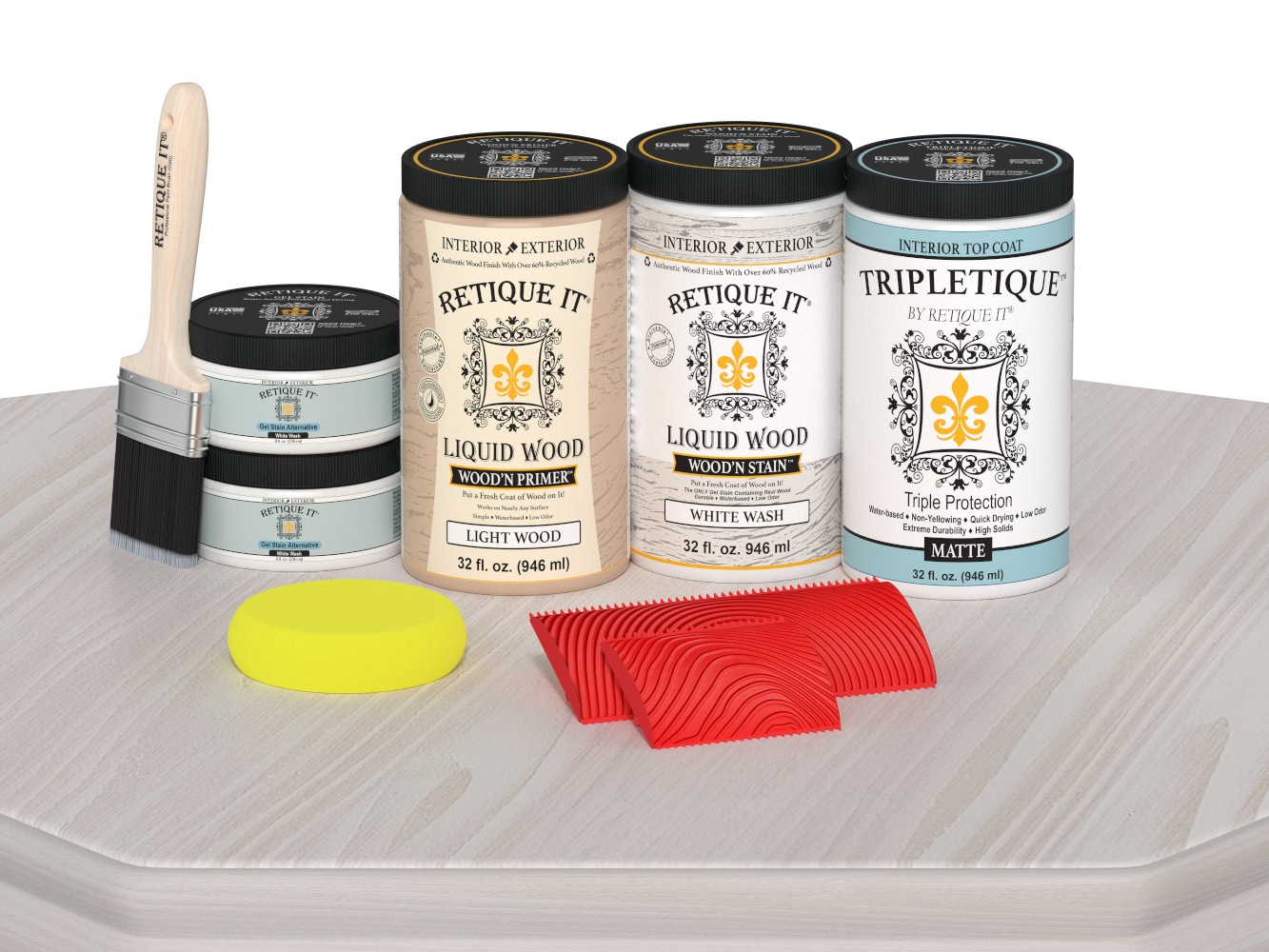 Retique It® Wood'n Cabinet Kit with 12 white wash stained, grained cabinet doors in matte finish, shown on a table.