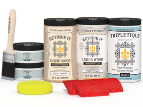 Retique It® Wood'n Finish Kit in white wash stain, four large bottles, for tabletop wood finishing in a matte finish.