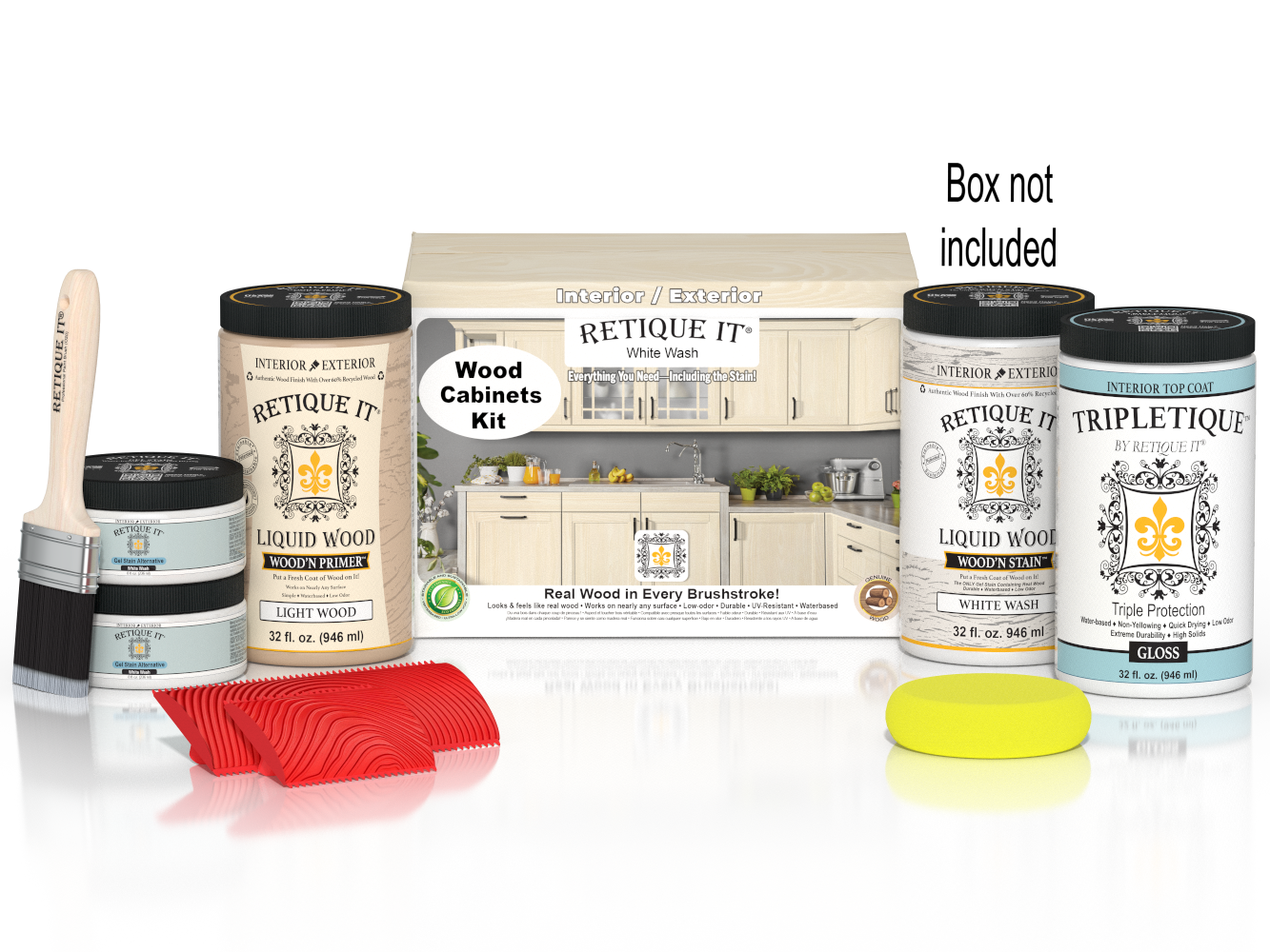 Retique It® Wood'n Cabinet Kit with 12 grained doors in white wash stain, showing cabinet doors and wood grain details.