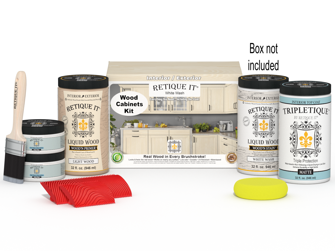 Retique It® Wood'n Cabinet Kit with 12 white wash grained cabinet doors and stain components, shown in box packaging.
