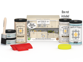 Retique It® Wood'n Cabinet Kit with 12 white wash grained cabinet doors and stain components, shown in box packaging.