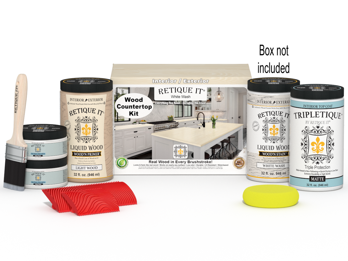 Retique It® White Wash countertop kit with stains, featuring a full kitchen setup and a box of materials for easy application.