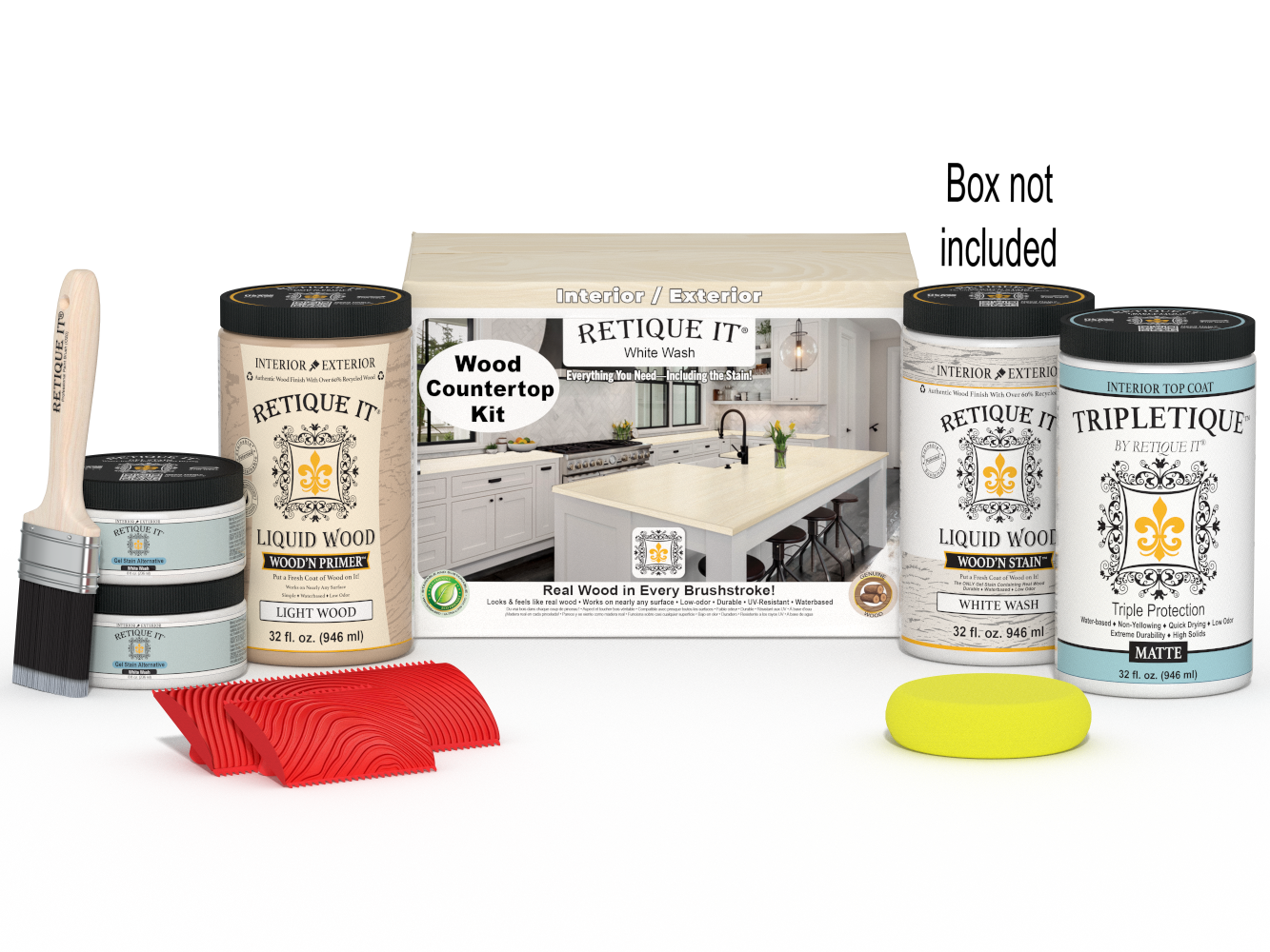Retique It® White Wash countertop kit with stains, featuring a full kitchen setup and a box of materials for easy application.