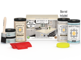 Retique It® White Wash countertop kit with stains, featuring a full kitchen setup and a box of materials for easy application.