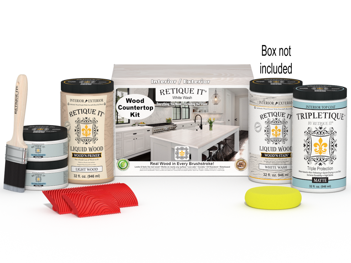 Retique It® White Wash countertop kit for full kitchen renovation, featuring stains for a natural wood finish.