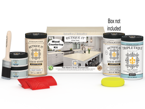 Retique It® White Wash countertop kit with stains, featuring a full kitchen setup and a box of materials for easy application.