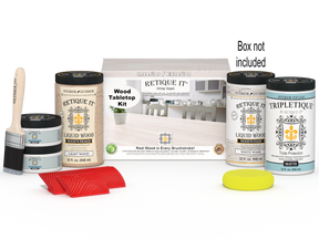 Retique It® Wood'n Finish Kit with four large white wash stain bottles for wood furniture and tabletop finishing.