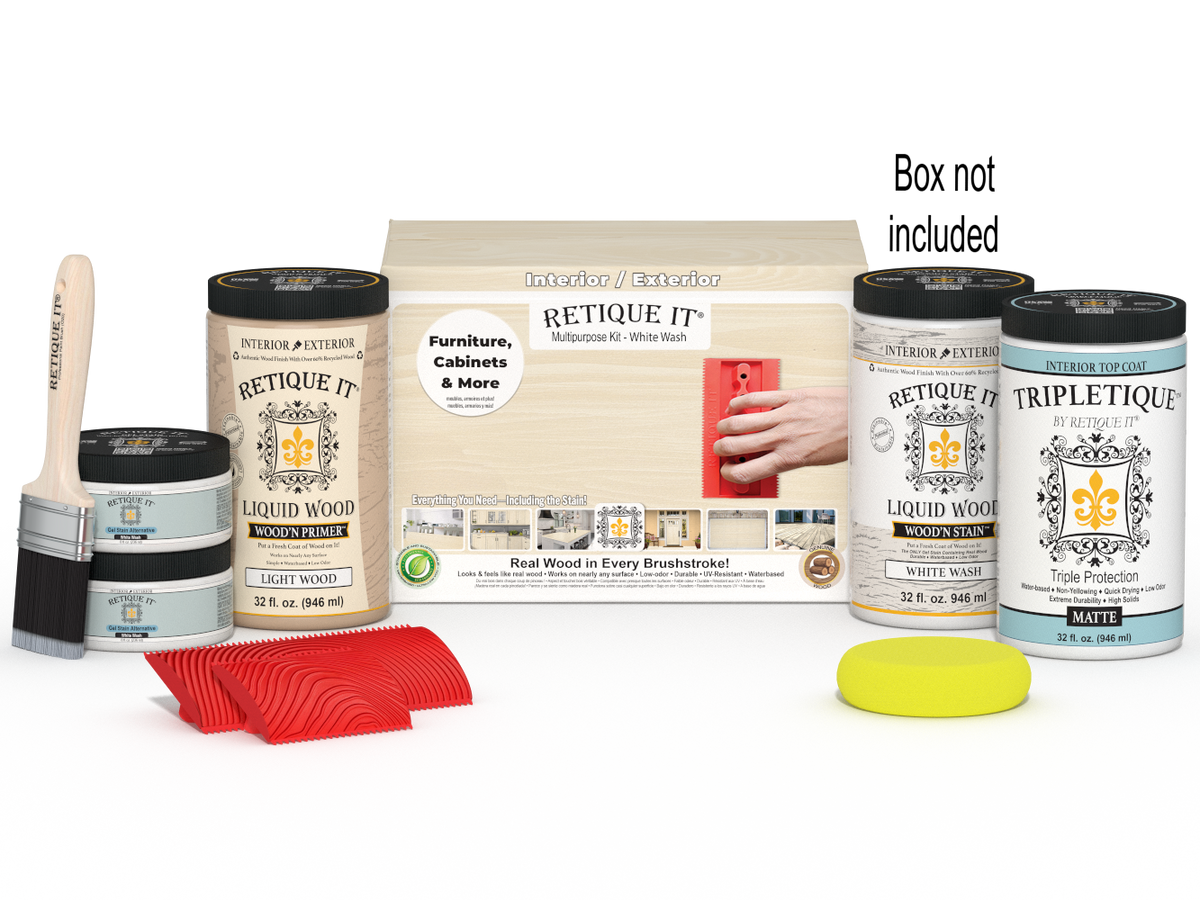 Large White Wash Wood'n Finish Kit by Retique It® for interior top coating, includes tools and supplies in a box.
