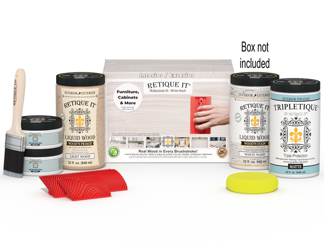 Large White Wash Wood'n Finish Kit by Retique It, interior top coat for wood, includes applicator tools and finishing products.