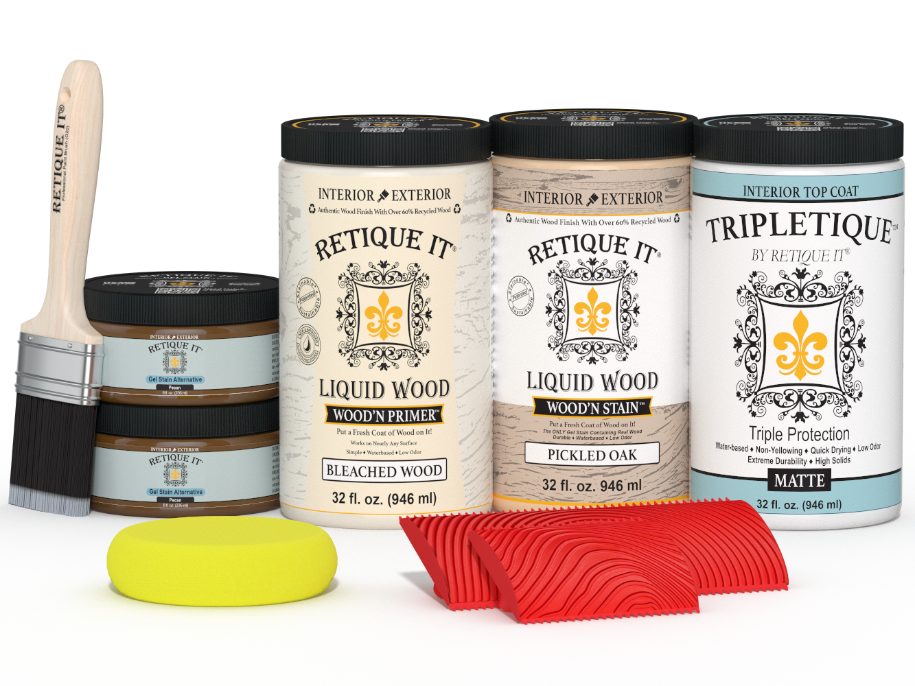 Retique It® Wood'n Finish Kit with four large white oak stains, featuring matte finish for wood surface enhancement.