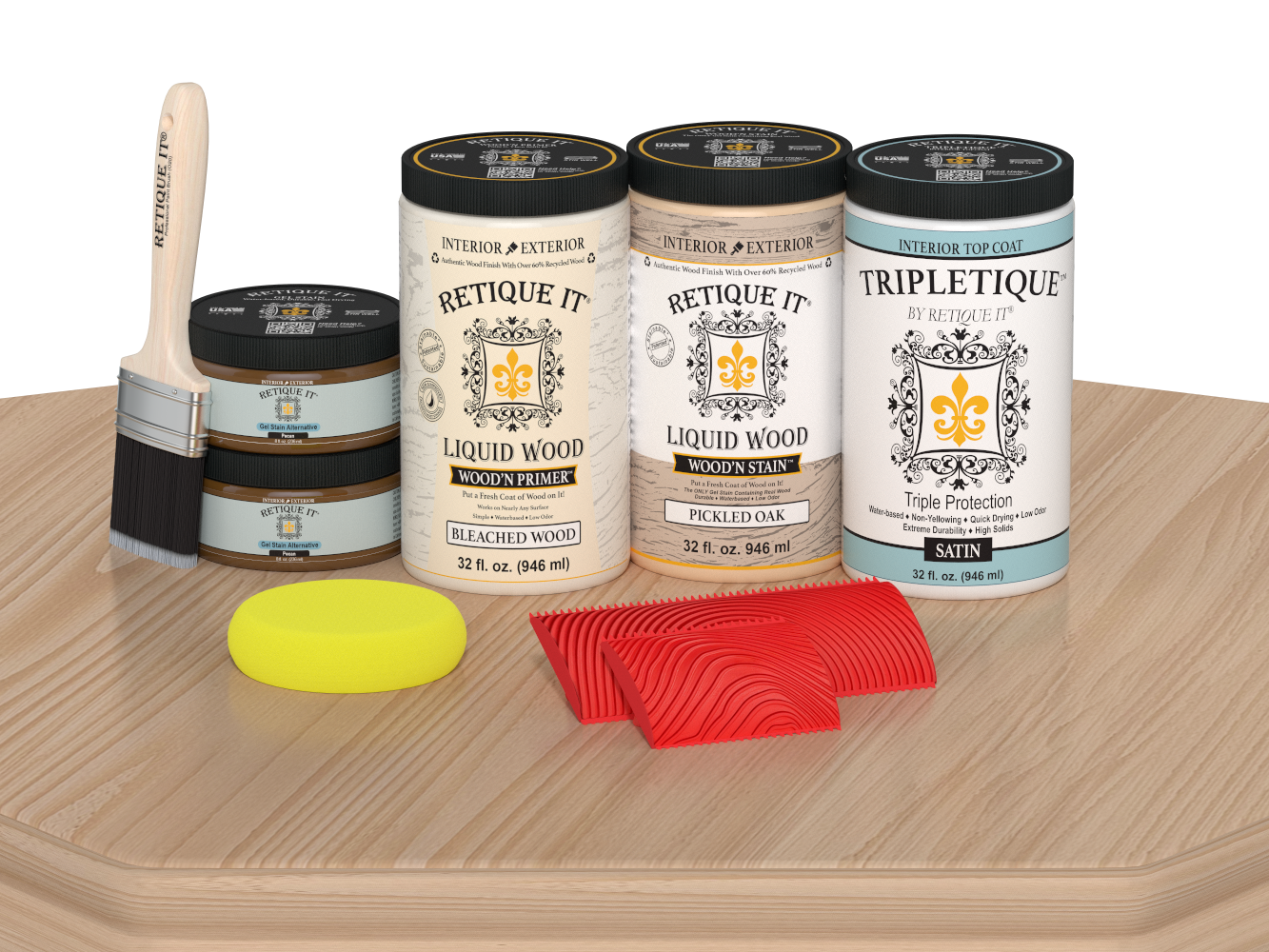 Retique It® Wood'n Finish Kit in White Oak stain, featuring four large stain containers, satin finish on a wooden surface.