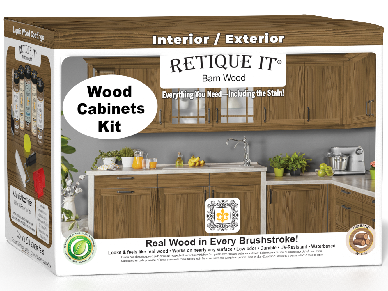 Modern Walnut Wood'n Cabinet Kit with 24 grained cabinet doors, stained in Retique It®'s Walnut finish, shown in box packaging.