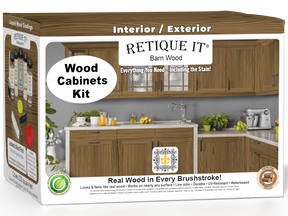 Modern Walnut Wood'n Cabinet Kit with 24 grained cabinet doors, stained in Retique It®'s Walnut finish, shown in box packaging.