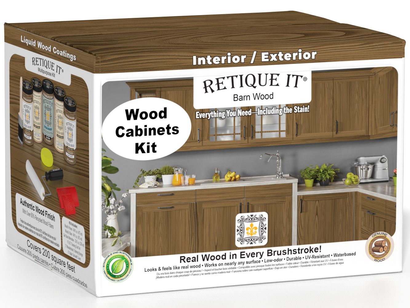 Retique It Wood'n Cabinet Kit with 24 barn wood grain stained cabinet doors featuring a natural wood finish.