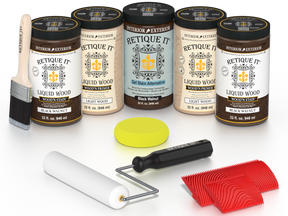 Retique It® Black Walnut Kit with Liquid Wood®, Black Walnut Gel Stain Alternative, yellow sponge, red graining tool, roller, and brush.