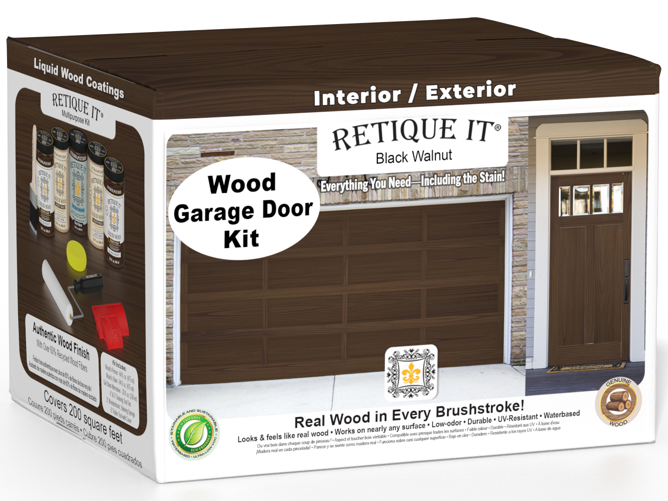 Retique It® Black Walnut Wood Garage Door Kit box featuring garage door and entry door wood finish transformation.