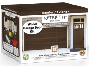 Retique It® Black Walnut Wood Garage Door Kit box featuring garage door and entry door wood finish transformation.