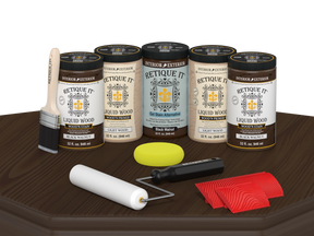 Retique It® Black Walnut Kit with Liquid Wood®, Black Walnut Gel Stain Alternative, yellow sponge, red graining tool, roller, and brush.