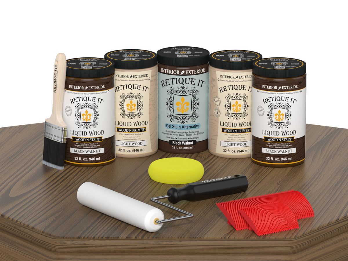 Retique It® Wood'n Cabinet Kit in black walnut stain, featuring 24 grained cabinet doors with a wood grain finish.