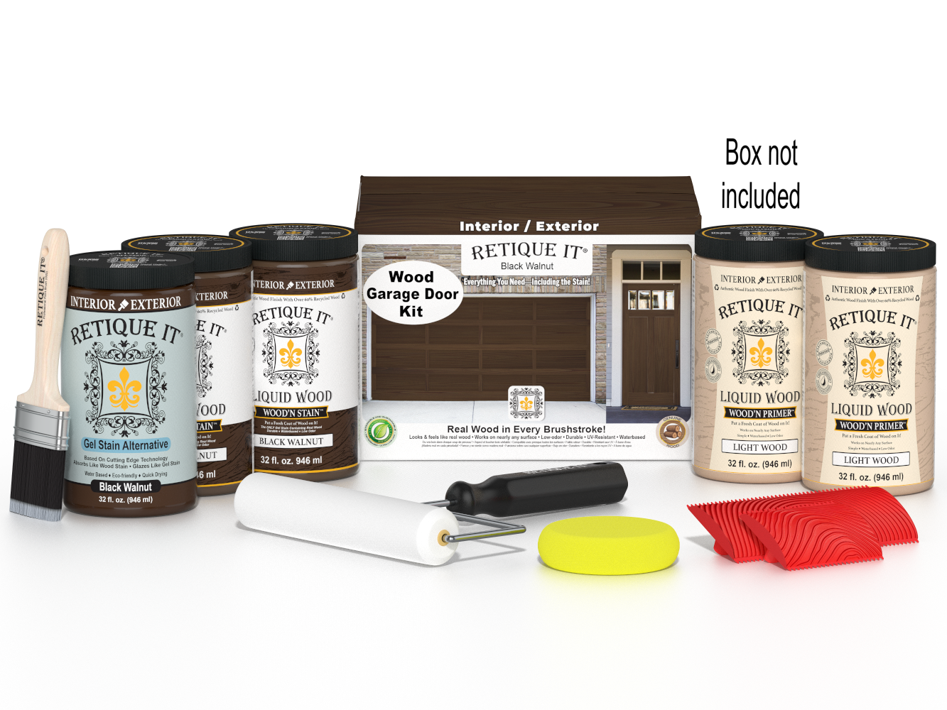 Retique It® Black Walnut Wood Garage Door Kit with Liquid Wood®, Black Walnut Gel Stain Alternative, yellow sponge, red graining tool, roller, brush, and kit box.
