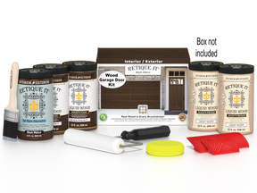 Retique It® Black Walnut Wood Garage Door Kit with Liquid Wood®, Black Walnut Gel Stain Alternative, yellow sponge, red graining tool, roller, brush, and kit box.
