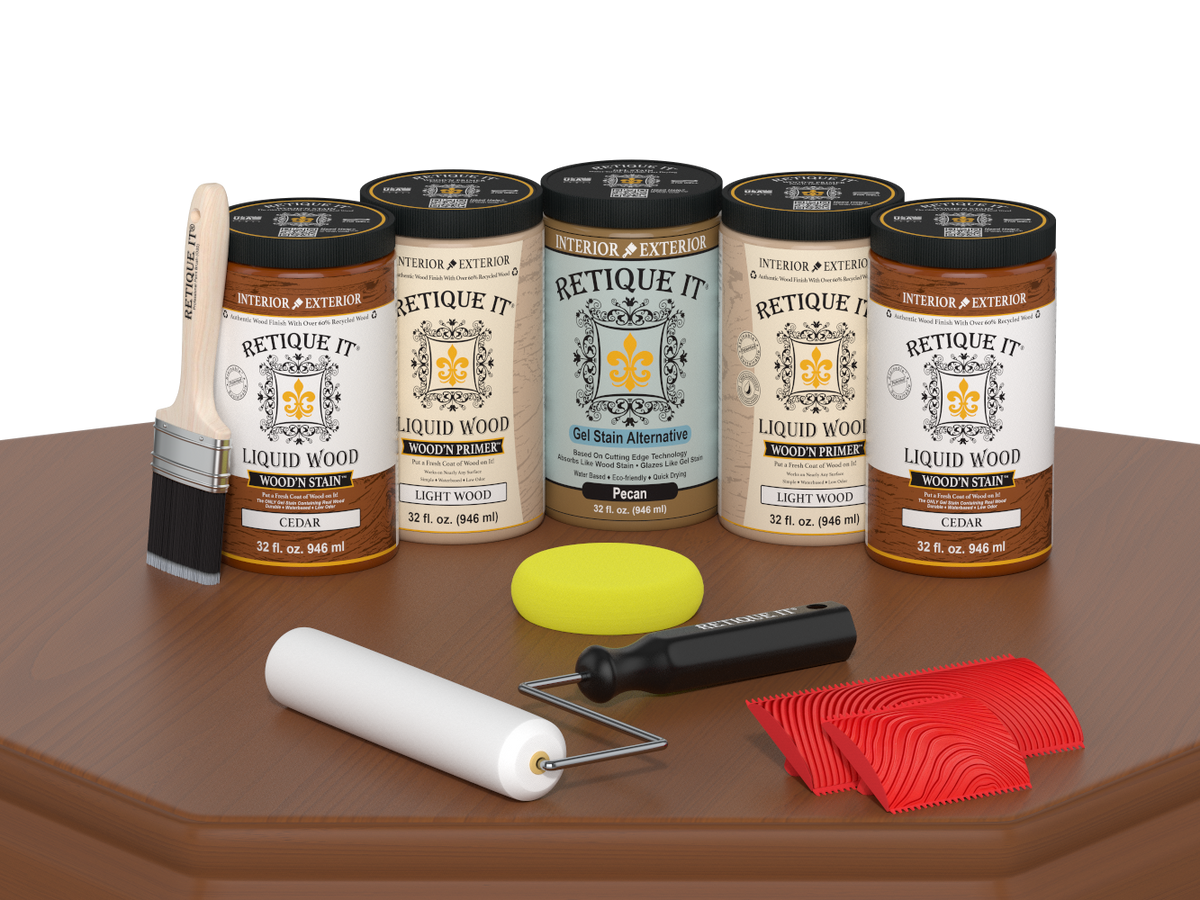 Retique It® Wood'n Cabinet Kit with 24 cedar-grain stained cabinet doors, showcasing natural wood finish and textured grain details.