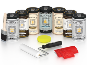 Retique It Charcoal Kit with Liquid Wood, Classic Black Gel Stain Alternative, Politique It Matte Finish, yellow sponge, red graining tool, roller, and brush.