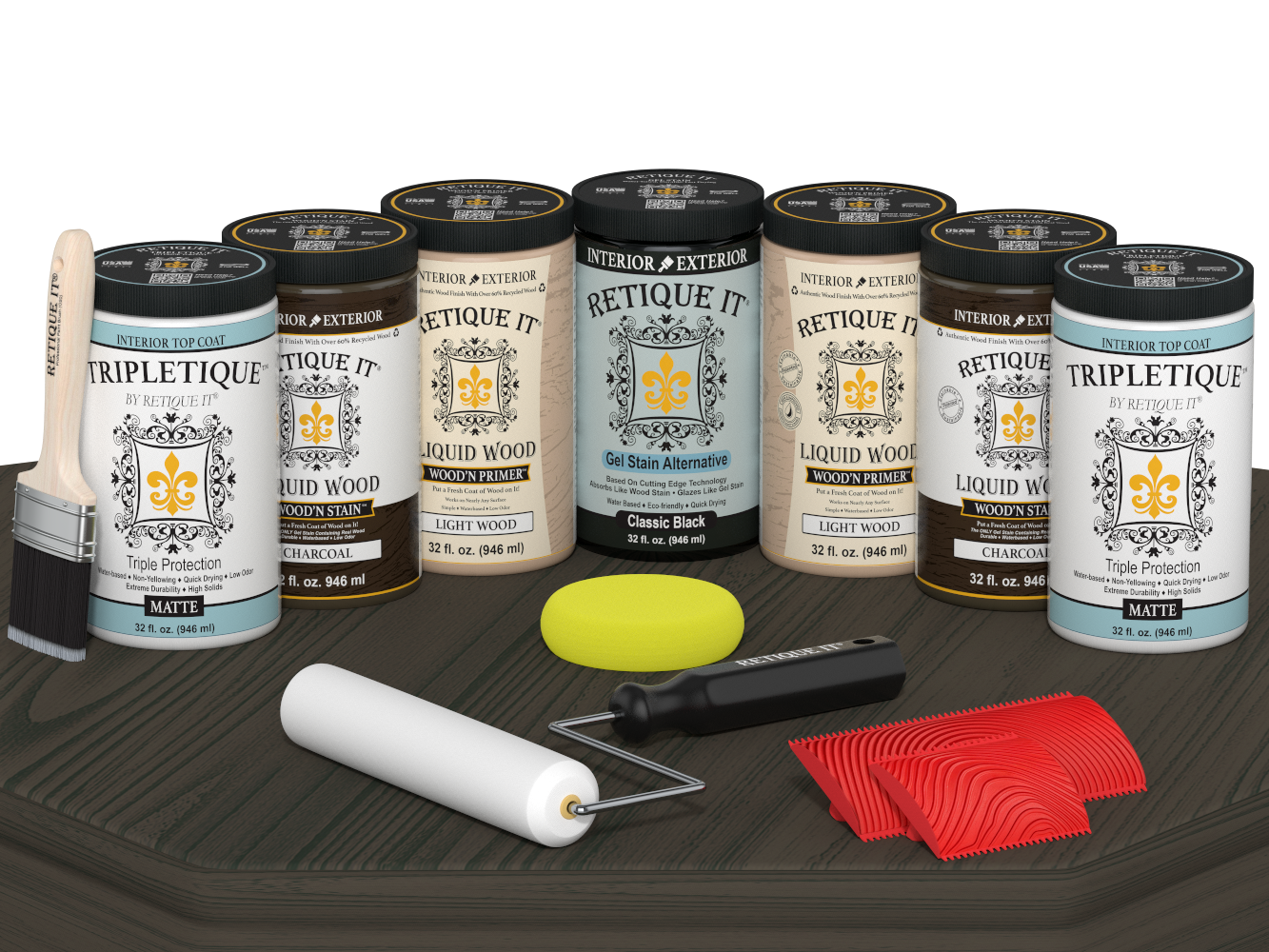 Retique It® Wood'n Cabinet Kit with 24 grained charcoal stain, matte finish, shown on a cabinet door sample.