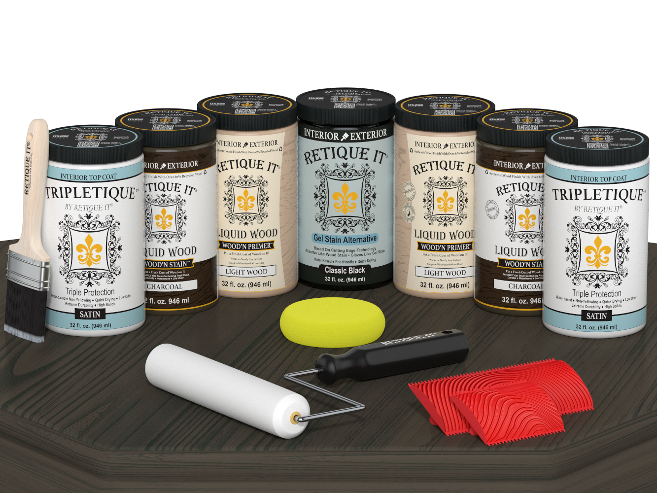 Retique It® Wood'n Cabinet Kit with charcoal stain, 24 grained cabinet doors, satin finish on a table surface.