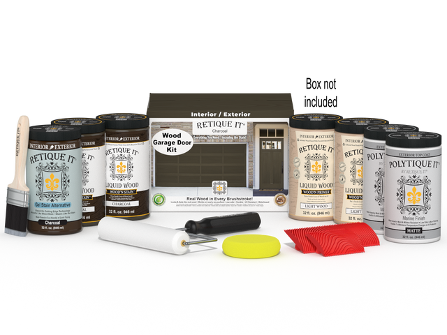 Retique It Wood'n Door Kit in Charcoal stain for front and garage doors, includes application tools and instructions.
