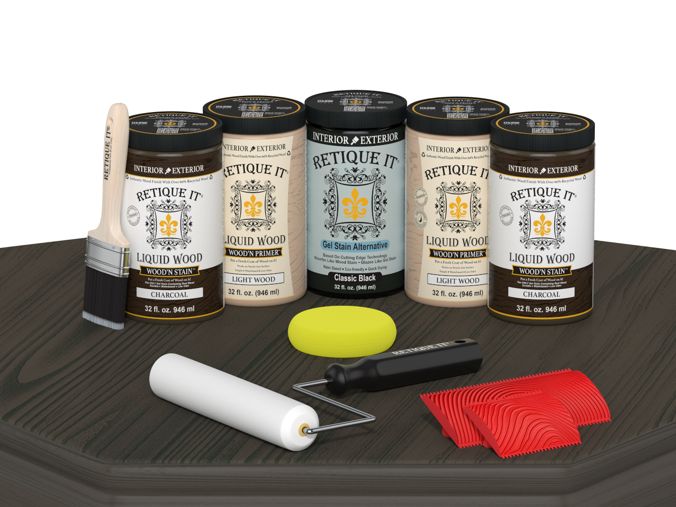 Retique It® Wood'n Cabinet Kit in Charcoal stain, featuring 24 grained cabinet doors on a table display.